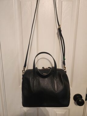 Fossil Sydney Leather Satchel Black Pebbled Leather Shoulder Strap